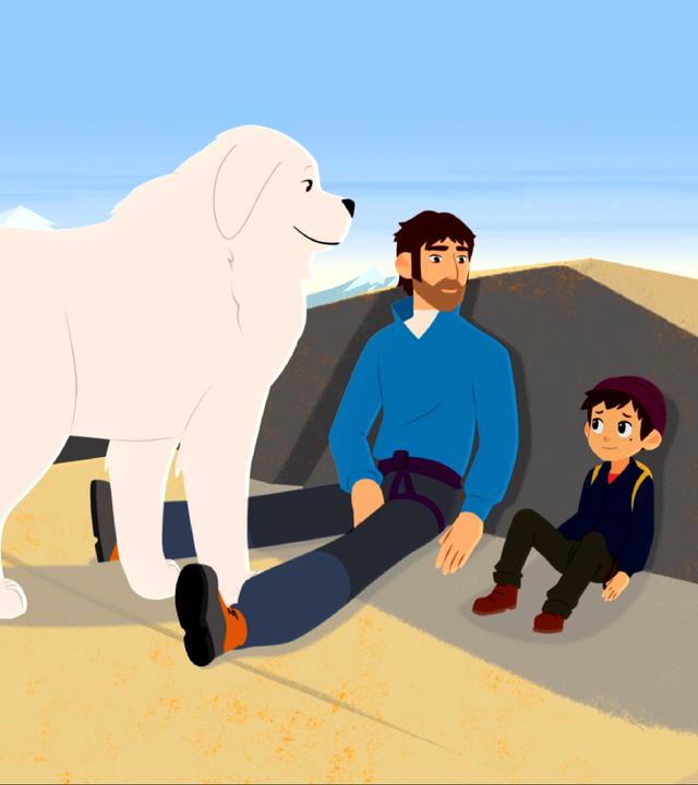 Sebastian sitzt mit einem Bergsteiger auf einem sehr hohen Berg. Belle steht daneben.