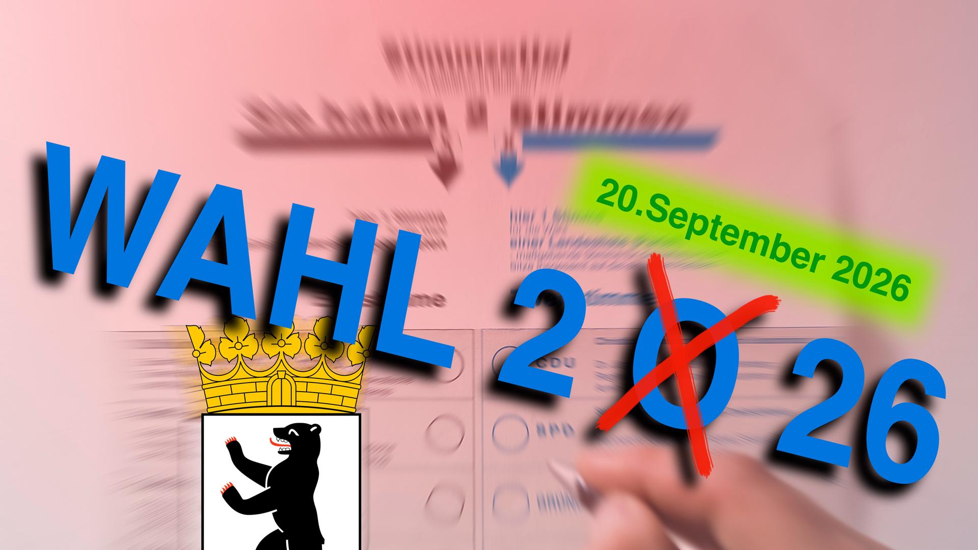 Symbolbild zur Berlin Wahl am 20. September 2026. Begriffe aWAHLÒ und a2026Ò sowie ein rotes Kreuz als Symbol fuer die Stimmabgabe Das Motiv visualisiert die politische Wahl, Stimmabgabe und den demokratischen Entscheidungsprozess in Berlin.