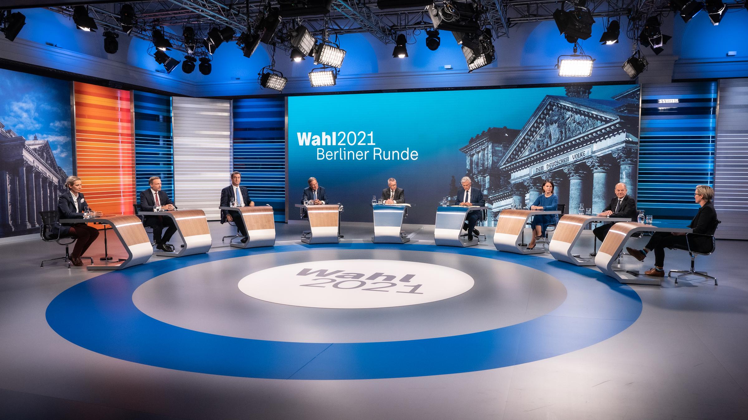 "Berliner Runde", 26.09.2021: V.l.n.r.: Alice Weidel, Christian Lindner, Markus Söder, Armin Laschet, Rainald Becker, Peter Frey, Annalena Baerbock, Olaf Scholz, Susanne Hennig-Wellsow