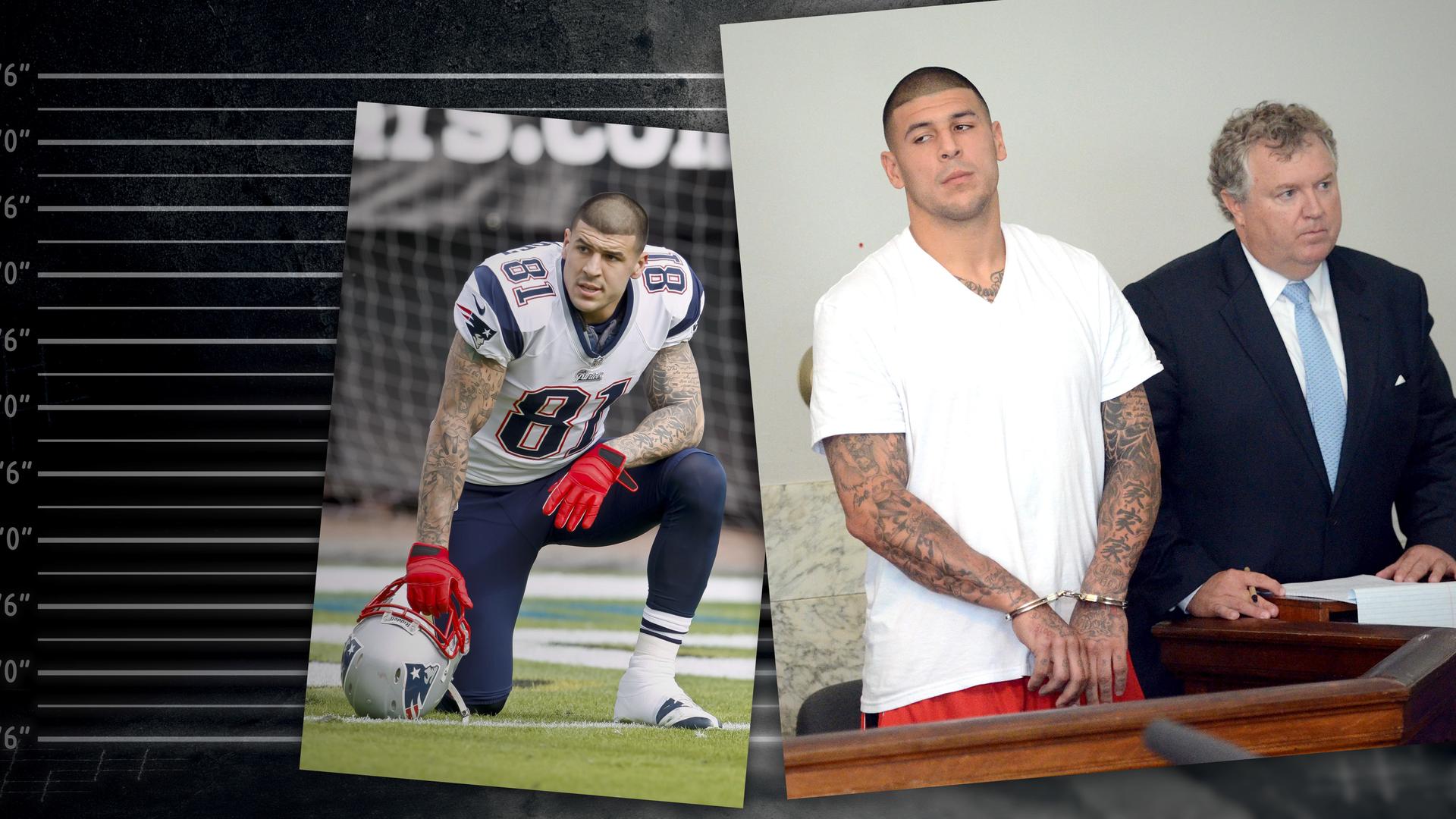 Montage zweier Fotos neben graphischen Elementen: Ein Foto zeigt Aaron Hernandez in Handschellen bei seiner Verhandlung 2013; das andere zeigt ihn auf dem Footballfeld 2012.