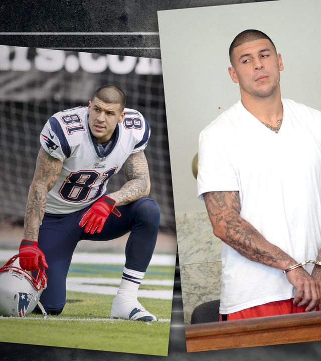 Montage zweier Fotos neben graphischen Elementen: Ein Foto zeigt Aaron Hernandez in Handschellen bei seiner Verhandlung 2013; das andere zeigt ihn auf dem Footballfeld 2012.