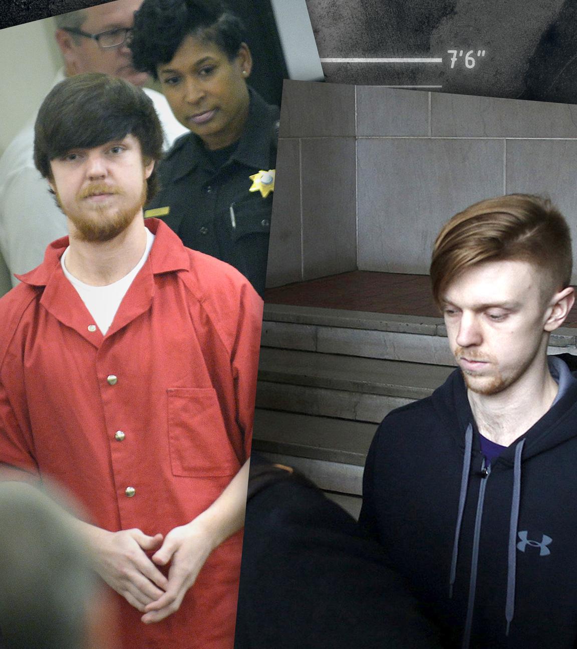  Montage zweier Fotos neben graphischen Elementen: Ein Foto zeigt, wie Ethan Couch 2018 das Gerichtsgebäude verlässt, daneben zeigt ein anderes ihn im roten Hemd auf dem Weg zu einer Anhörung 2016.