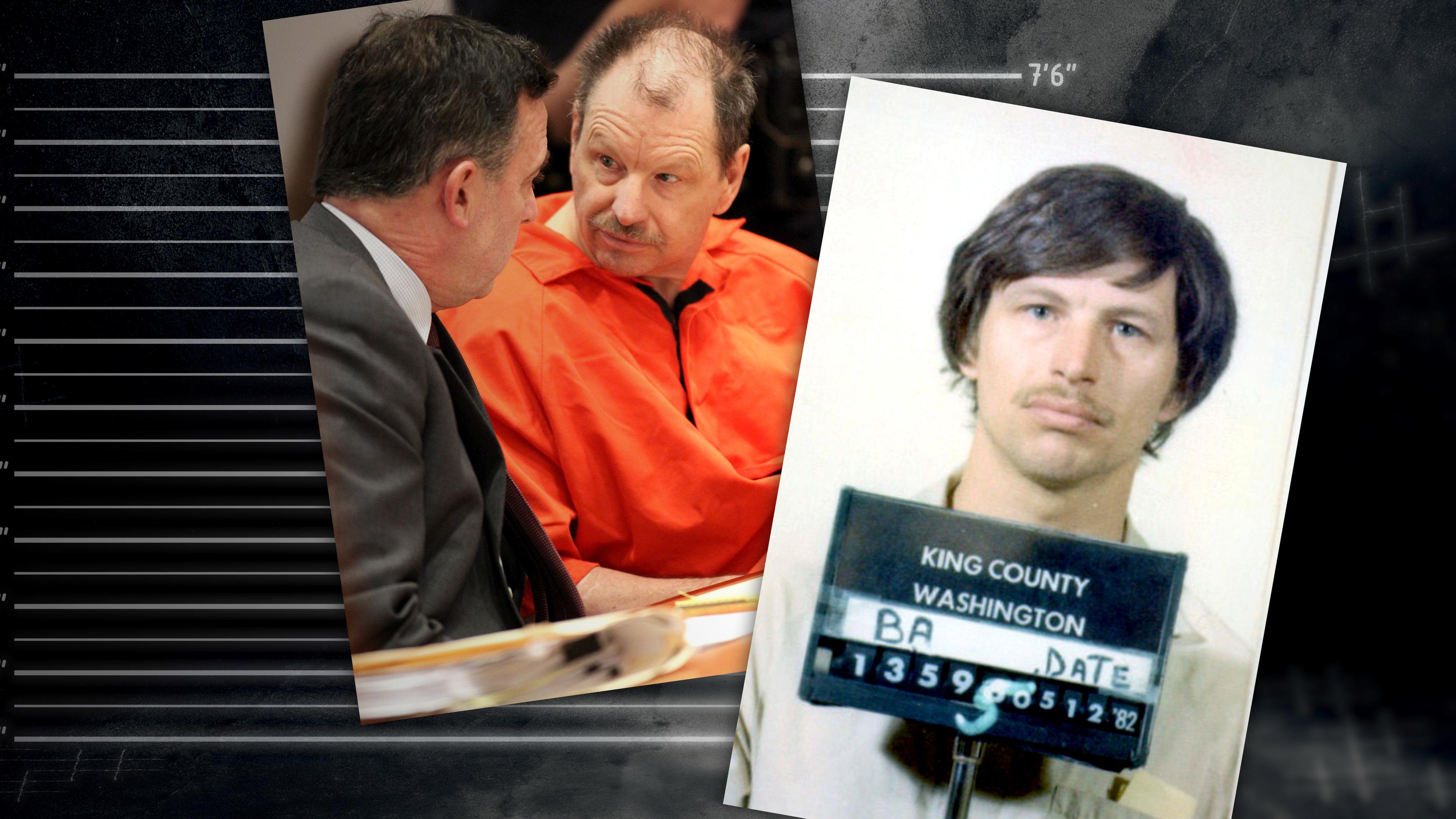 Montage: Polizeifoto von Gary Ridgway nach seiner Verhaftung, daneben ein Bild von ihm während seiner Gerichtsverhandlung.