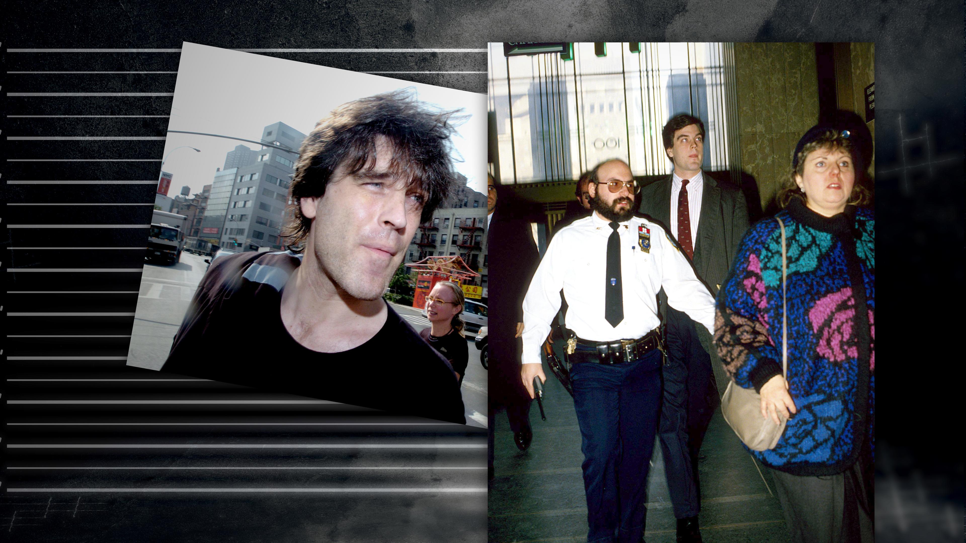 Montage zweier Fotos neben graphischen Elementen: Ein Foto zeigt Chambers in einem Flur hinter einer Frau und einem Wachmann 1988; Das andere Foto zeigt Chambers beim Verlassen der Gerichts 2005.