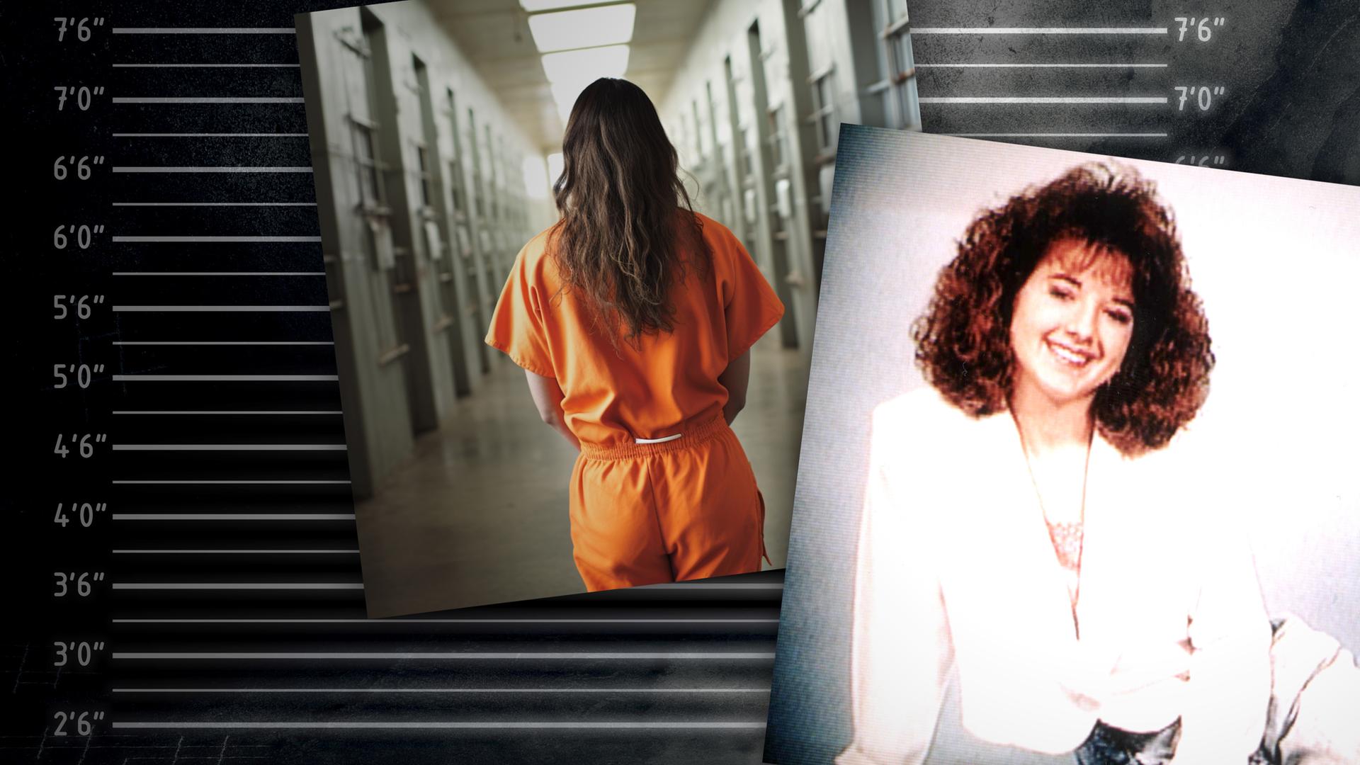 Montage: Studioportrait von Susan Fisher, daneben Rückenansicht einer Frau in Gefängnisuniform.