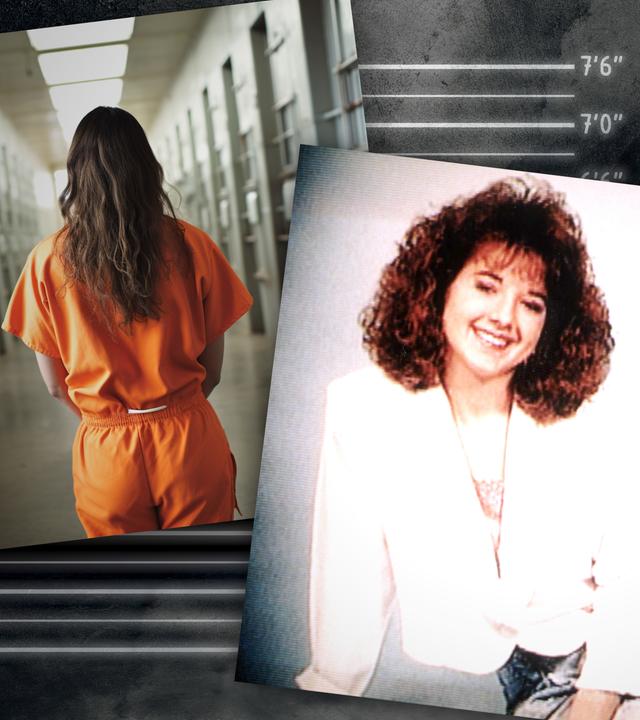 Montage: Studioportrait von Susan Fisher, daneben Rückenansicht einer Frau in Gefängnisuniform.