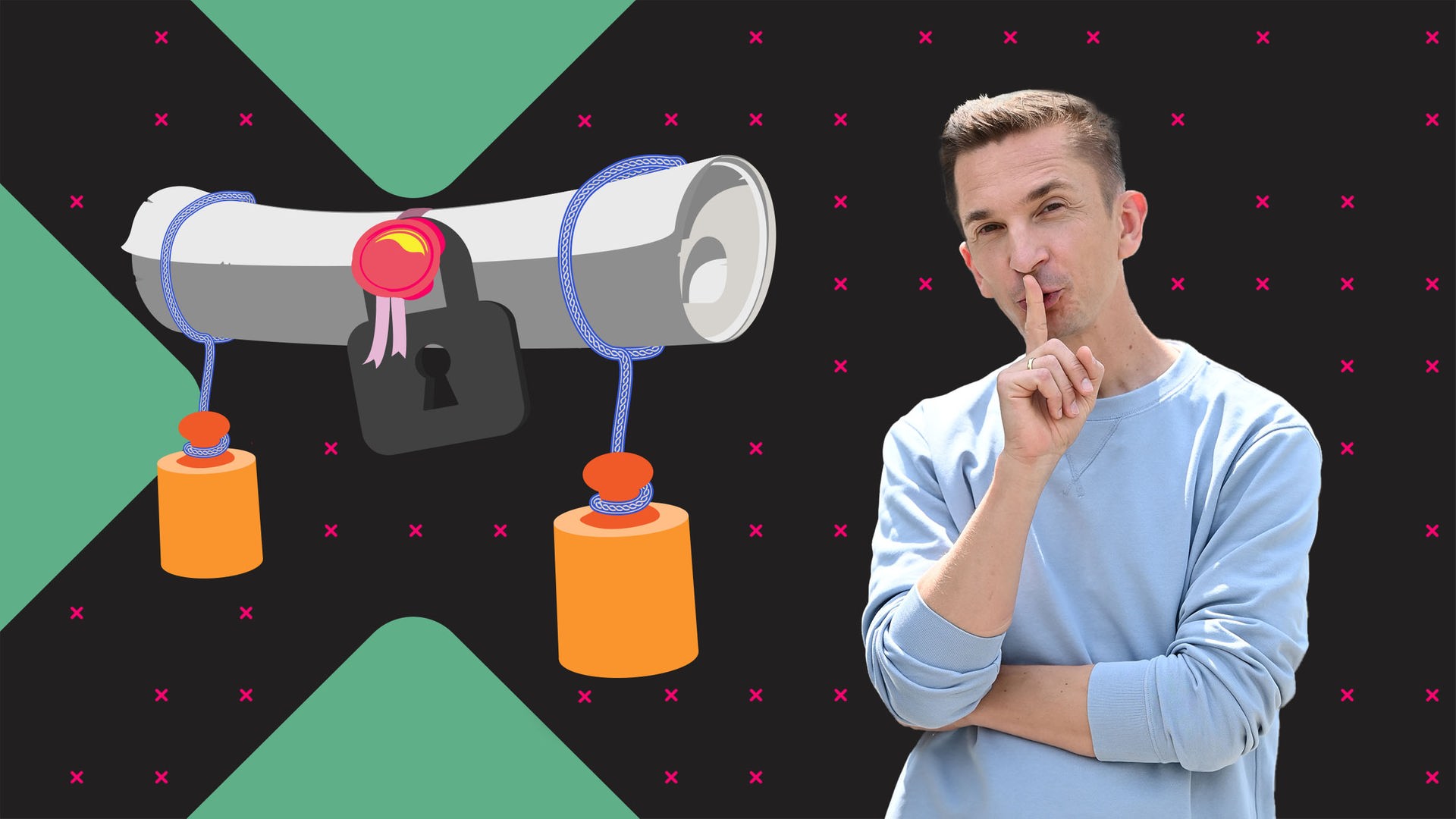 Eric Mayer steht im Vordergrund. Neben ihm ist eine Grafik zu sehen, die einen zusammengerollten Brief darstellt. Um das Siegel des Briefes liegt ein Vorhängeschloss, und an beiden Enden hängen Gewichte herunter.