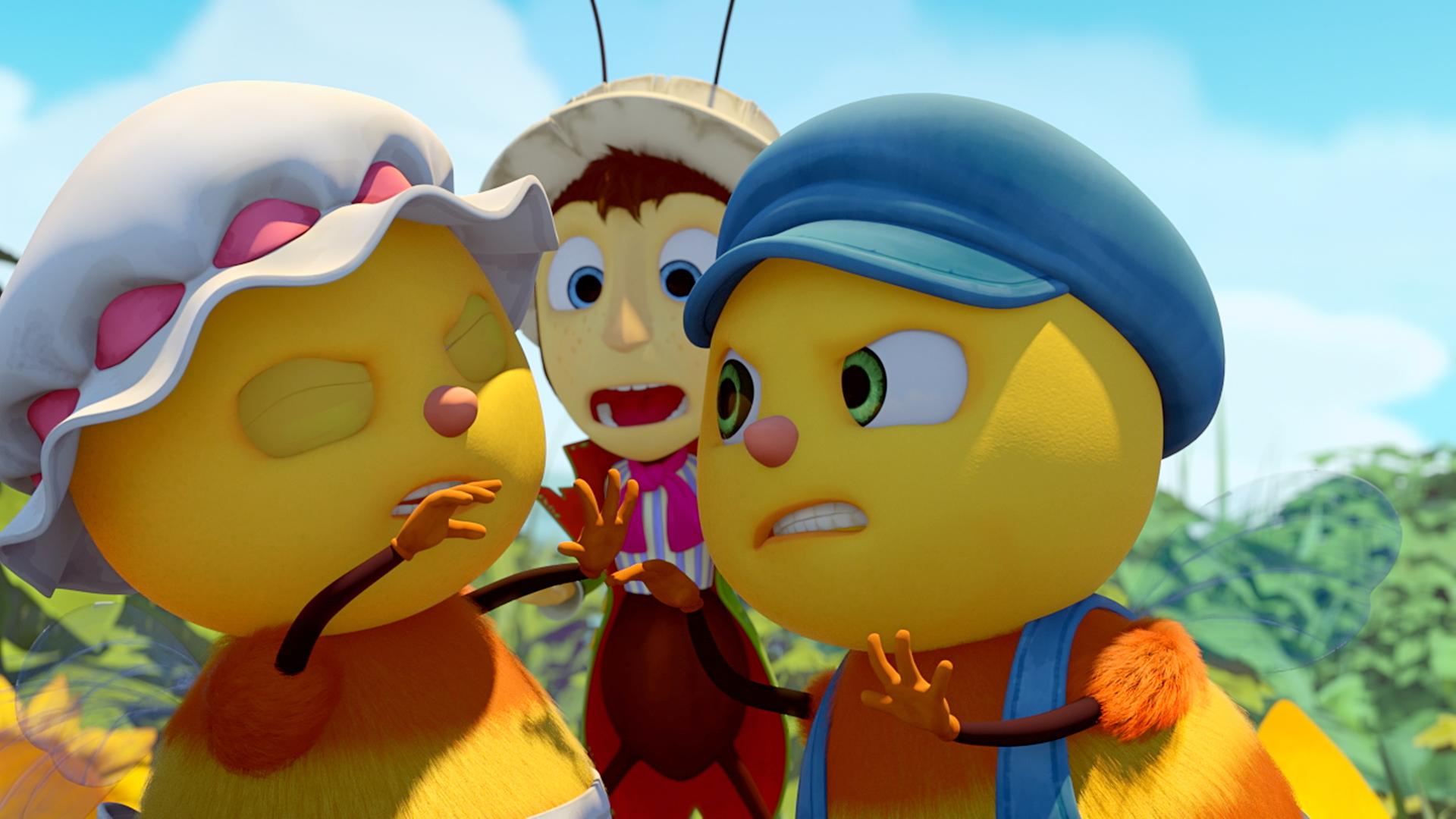 Petunia (links) und Lichtnelke (rechts) streiten sich. Gregor steht hinter ihnen und versucht zu schlichten.