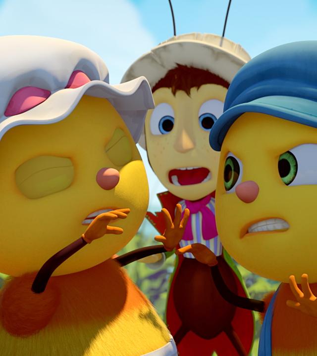 Petunia (links) und Lichtnelke (rechts) streiten sich. Gregor steht hinter ihnen und versucht zu schlichten.