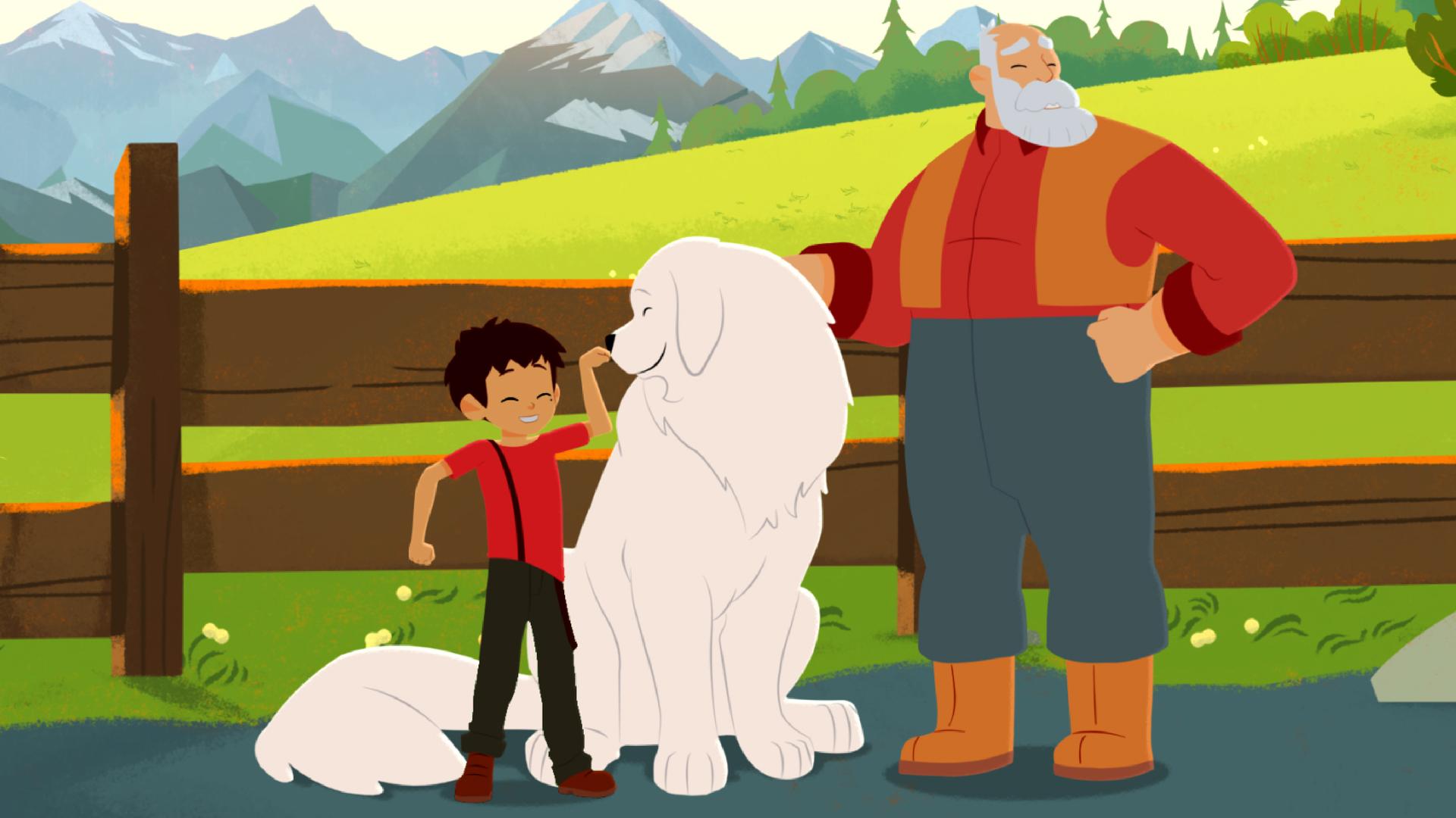 Belle, Sebastian und Cesar stehen vor einem Zaun. Belle wird von beiden gestreichelt.