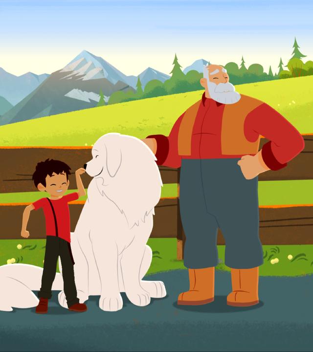 Belle, Sebastian und Cesar stehen vor einem Zaun. Belle wird von beiden gestreichelt.