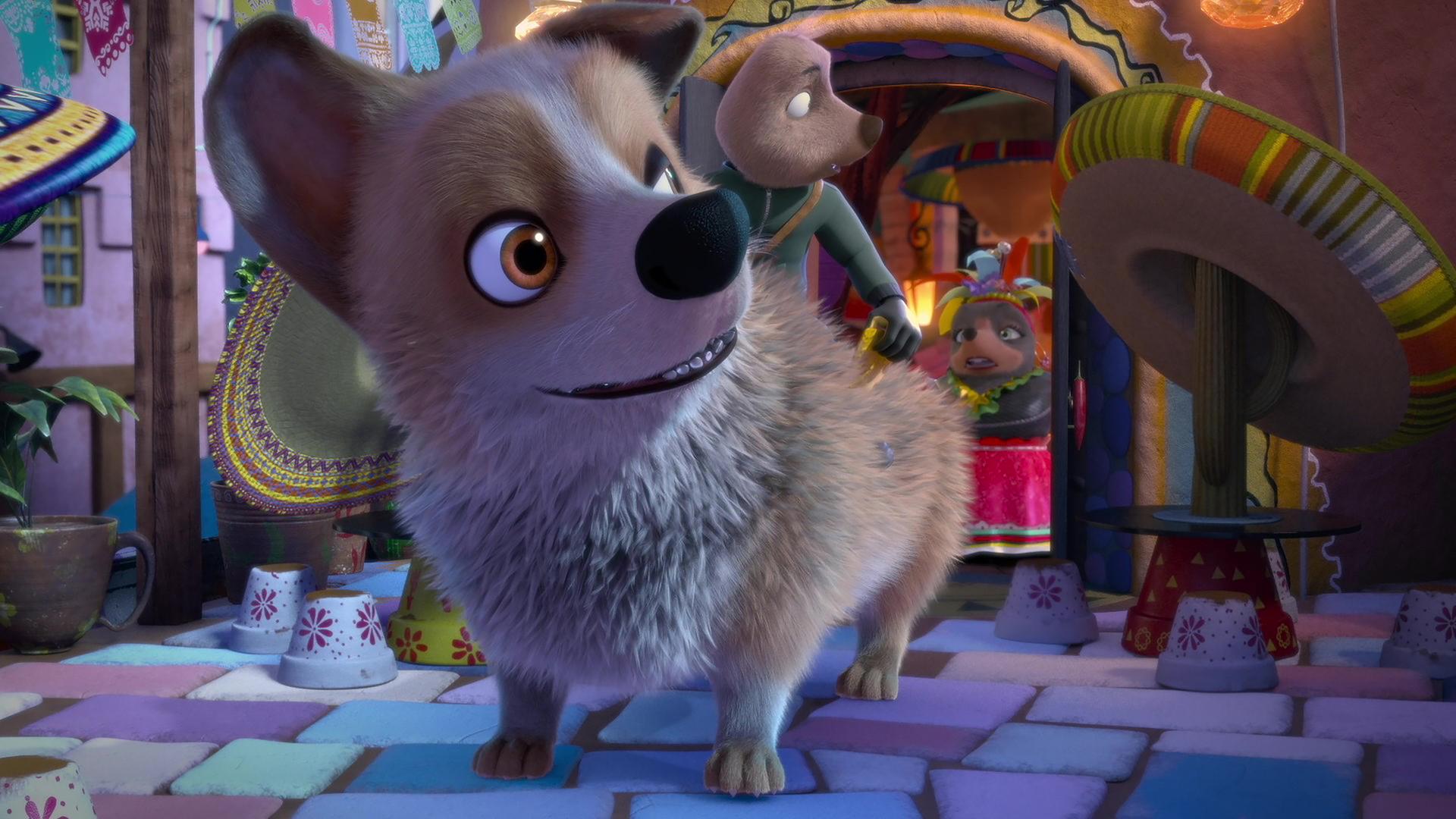 Vor Señora Marias Chili Restaurant steht Hund Butterblume mit dem Gärtner auf seinem Rücken. Der Gärtner blickt sich um zu Señora Maria, die im Eingang steht.