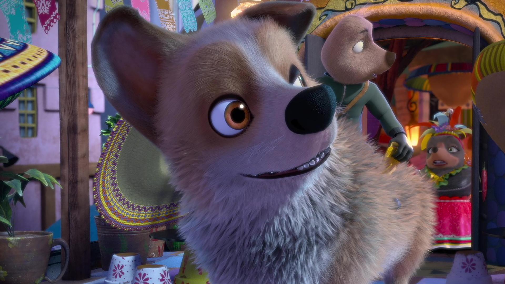 Vor Señora Marias Chili Restaurant steht Hund Butterblume mit dem Gärtner auf seinem Rücken. Der Gärtner blickt sich um zu Señora Maria, die im Eingang steht.