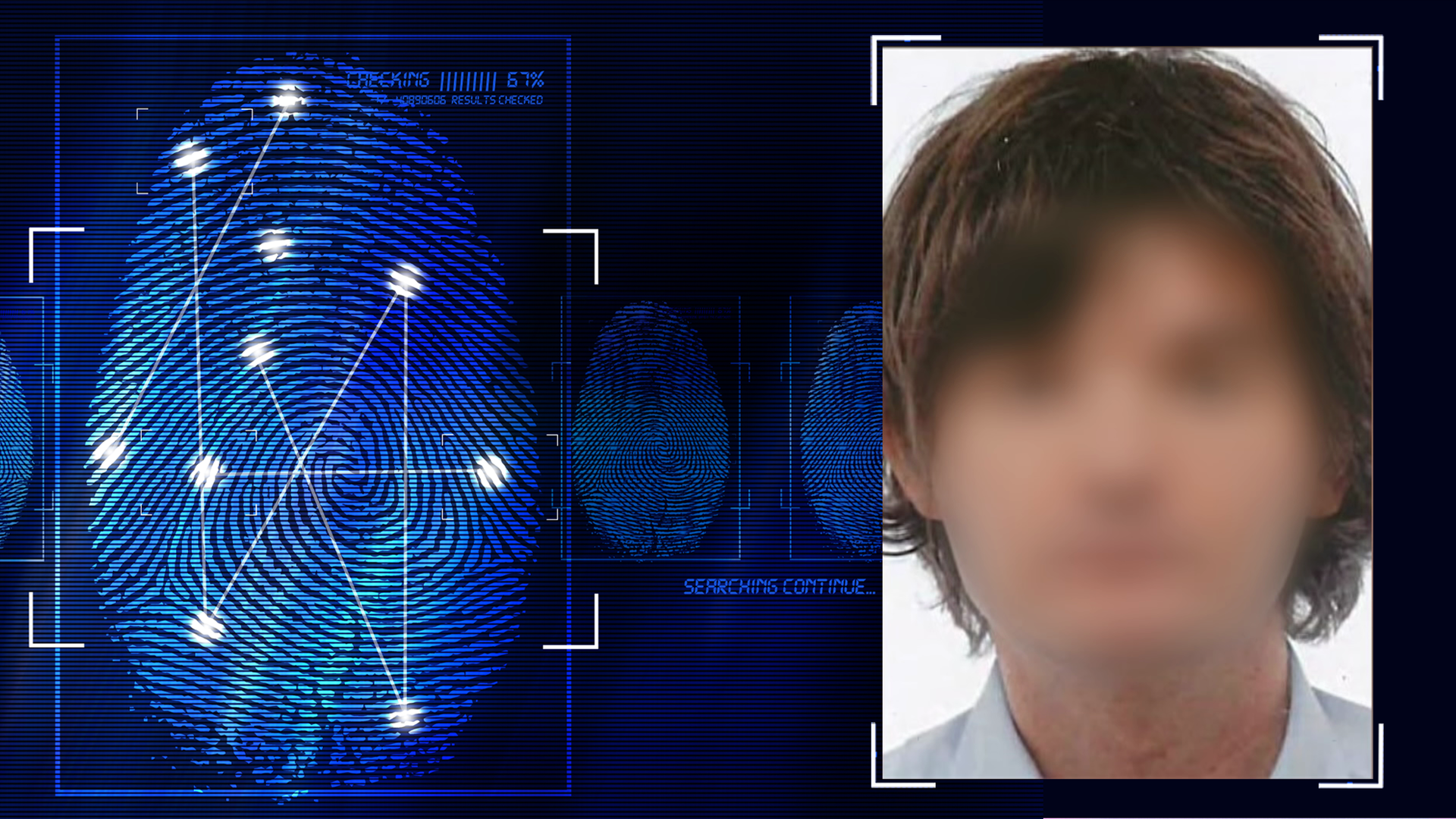 Portraitfoto eines ca. 30 Jahre alten Mannes mit längerem dunkelblonden Haar. Das Gesicht wurde im Bild verfremdet. Links daneben: Lichtschematische Darstellung eines Fingerabdrucks.