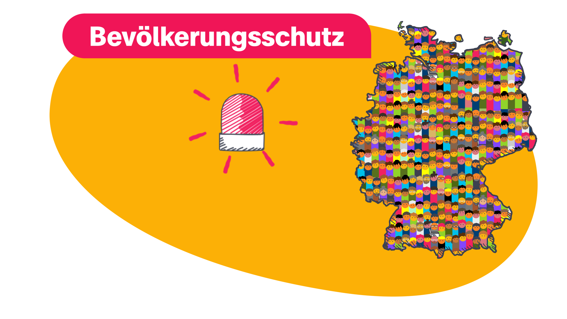 Grafik: Deutschlandkarte mit Emos, daneben Alarmsymbol, darüber Schrift "Bevölkerungschutz"