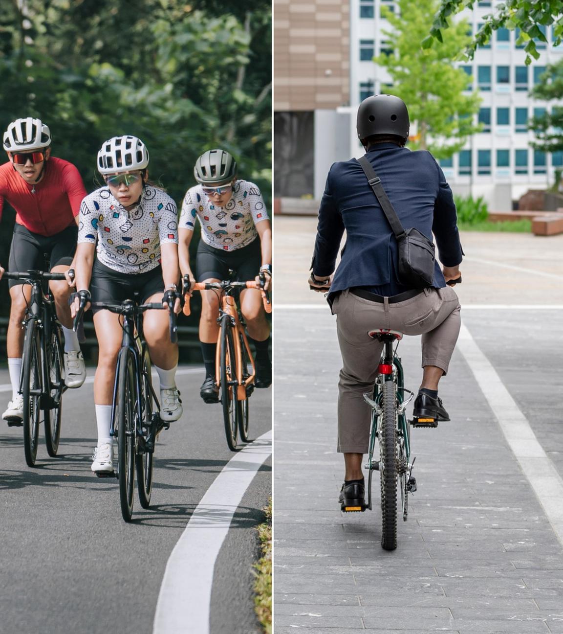 Eine Gruppe von Rennradfahrern und ein Fahrradfahrer auf dem Weg zur Arbeit. 