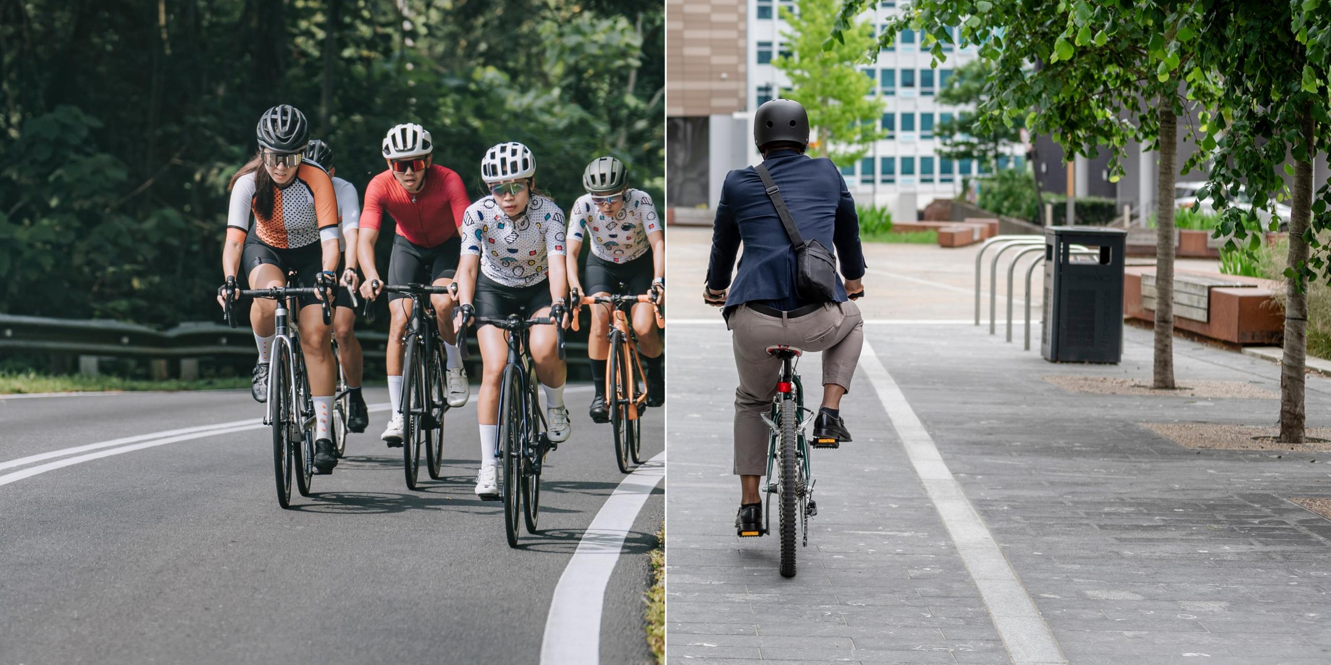 Eine Gruppe von Rennradfahrern und ein Fahrradfahrer auf dem Weg zur Arbeit. 