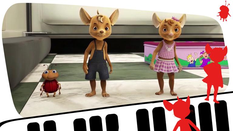 Ludwig, Jo und Naya stehen auf dem Fußboden vor der geöffneten Kühlschranktür.