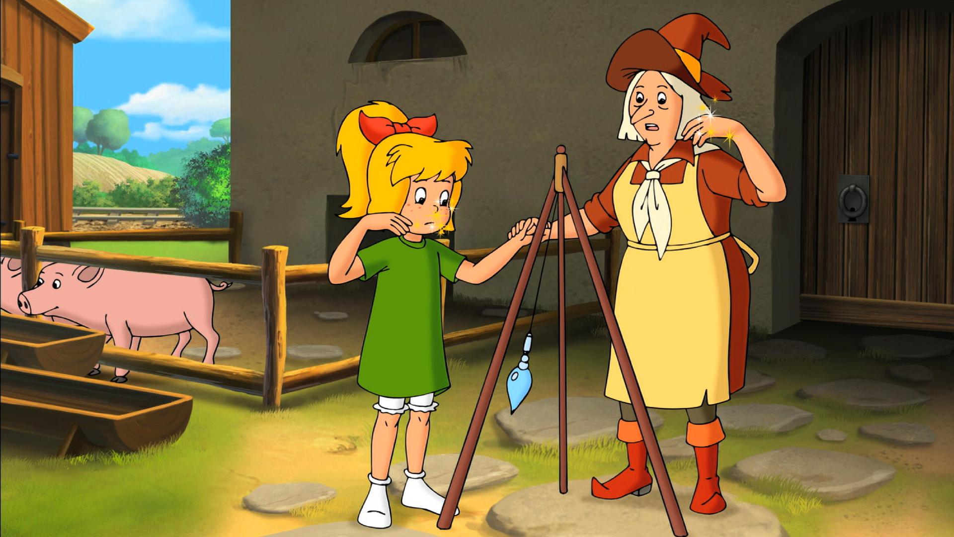 Bibi und Gundel betrachten das mystische Pendel.