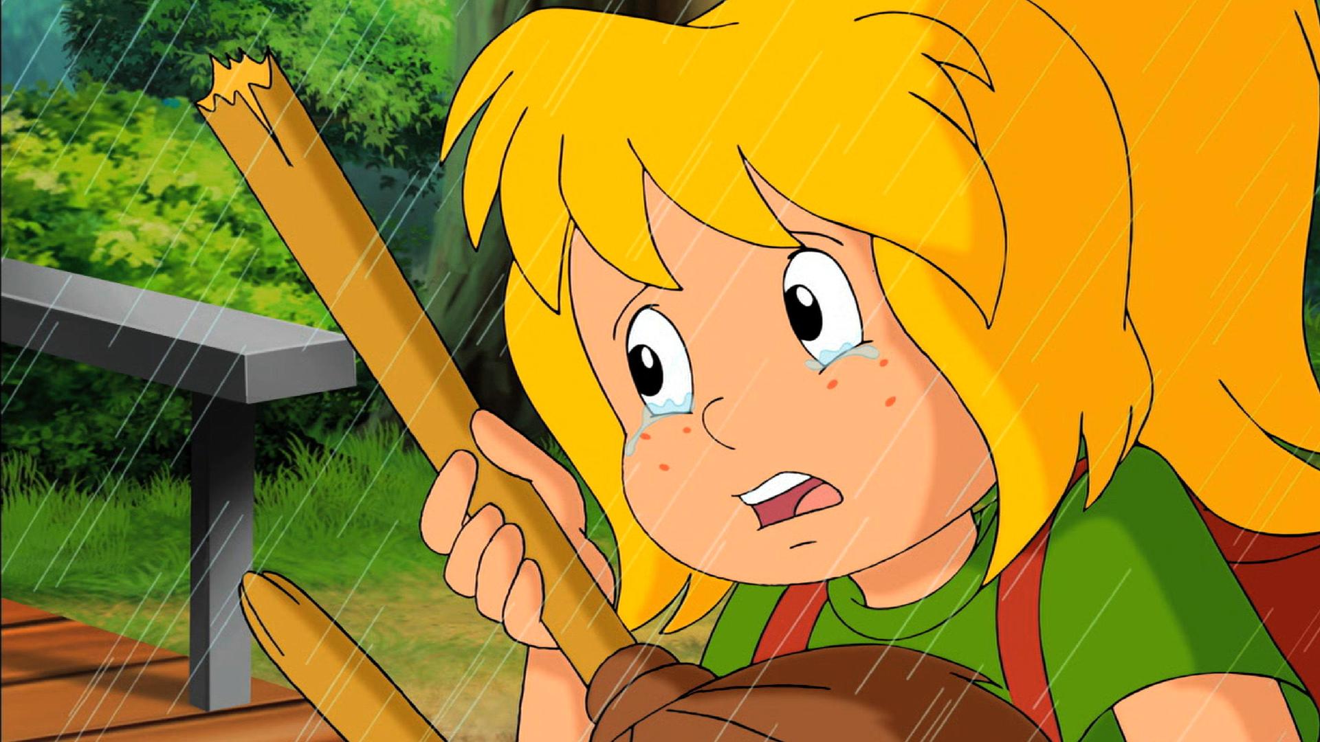 Bibi schaut entsetzt ihren zerbrochenen Besen Kartoffelbrei an.