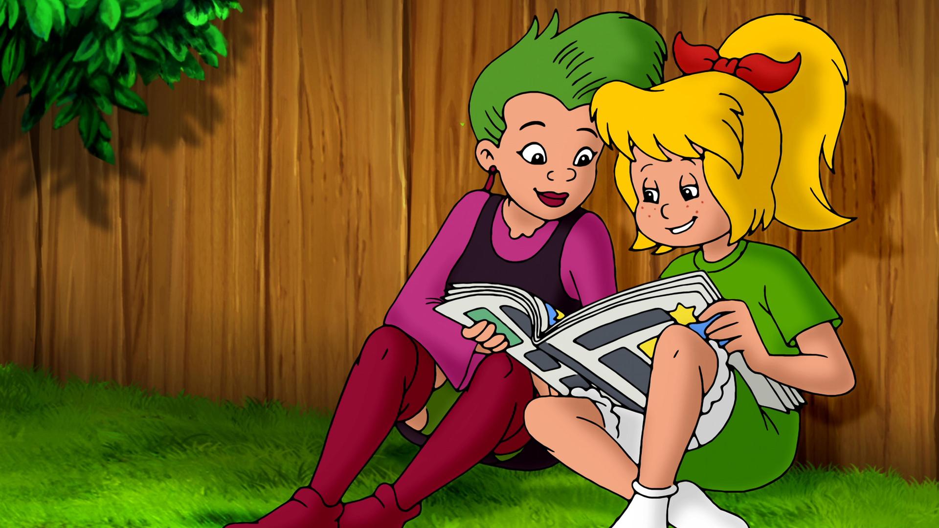 Schubia und Bibi sitzen am Zaun und lesen in der Zeitung.