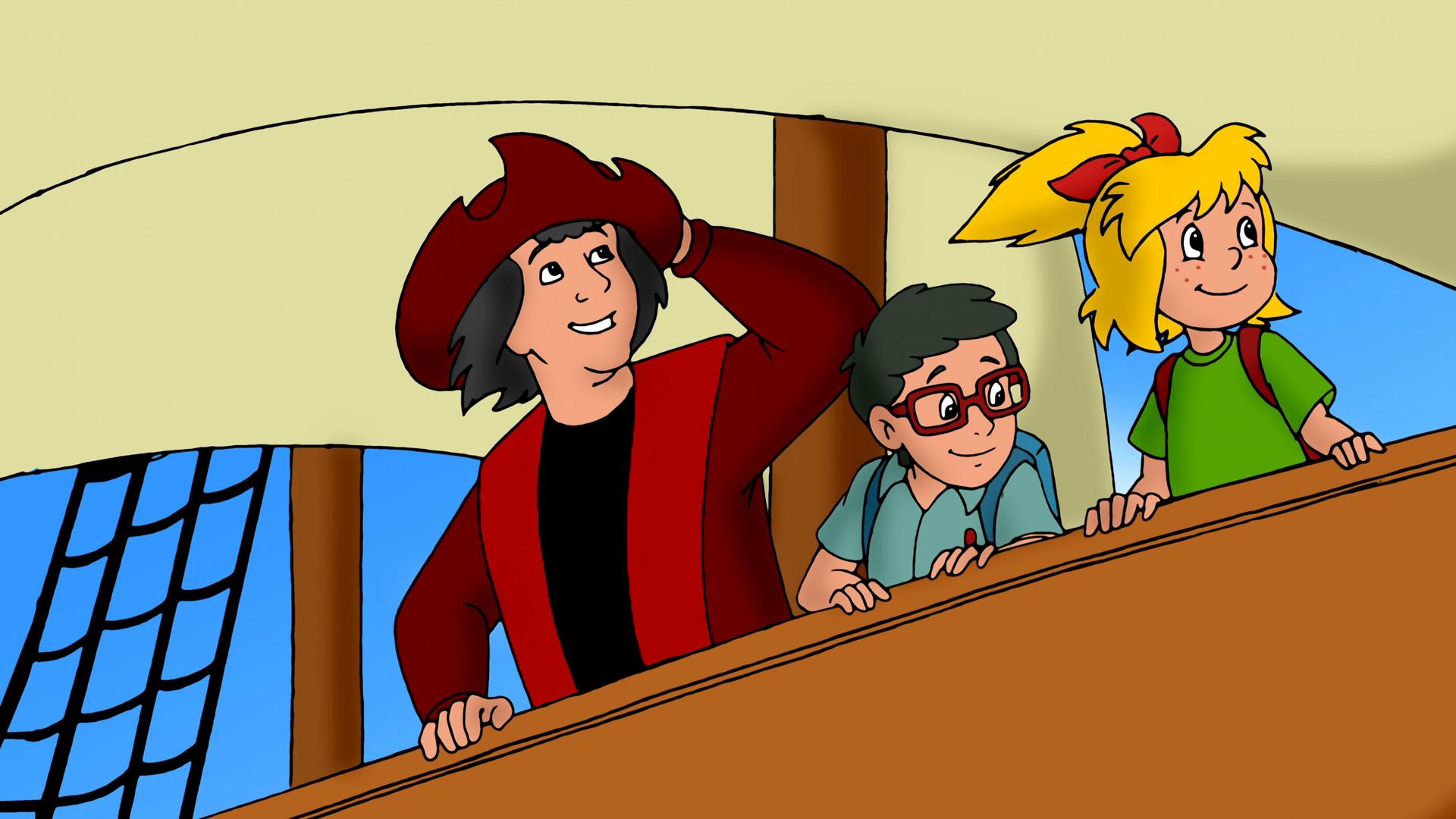 Christoph Kolumbus, Bibi und Florian auf einem Schiff.