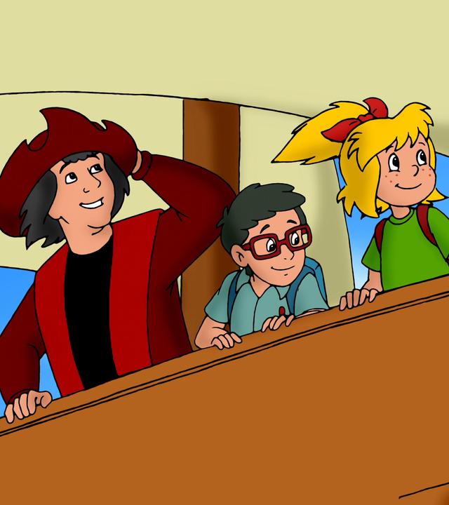Christoph Kolumbus, Bibi und Florian auf einem Schiff.