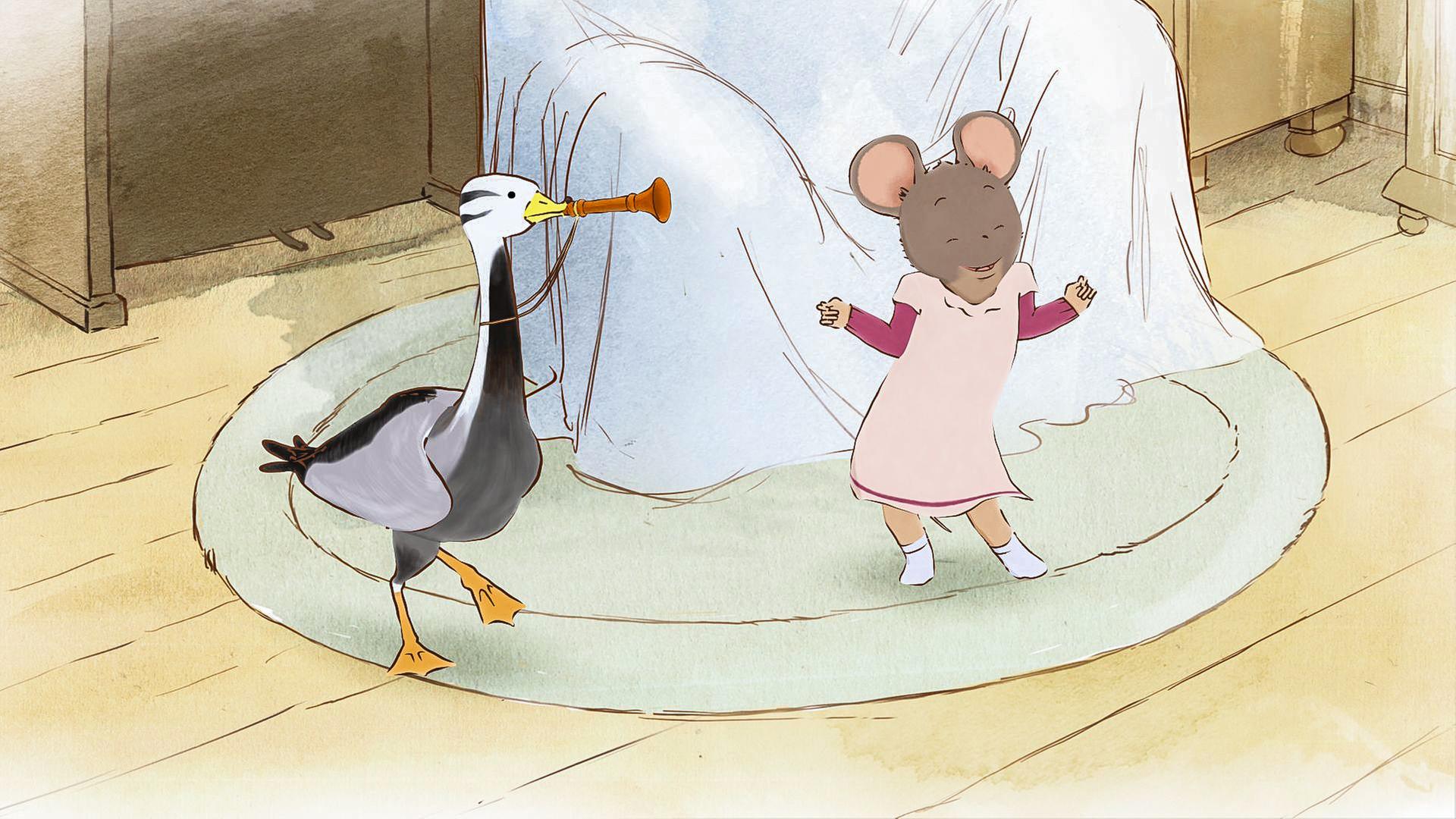 Die Gans Bibi und die Maus Celestine haben jede Menge Spaß zusammen. Gemeinsam machen sie Musik und tanzen. Bibi pustet in eine Tröte, die ihr Ernest gegeben hat.