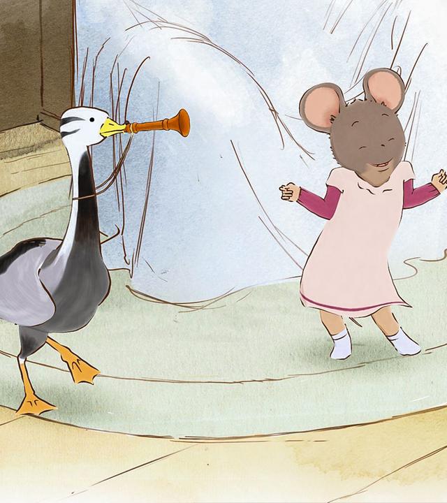 Die Gans Bibi und die Maus Celestine haben jede Menge Spaß zusammen. Gemeinsam machen sie Musik und tanzen. Bibi pustet in eine Tröte, die ihr Ernest gegeben hat.