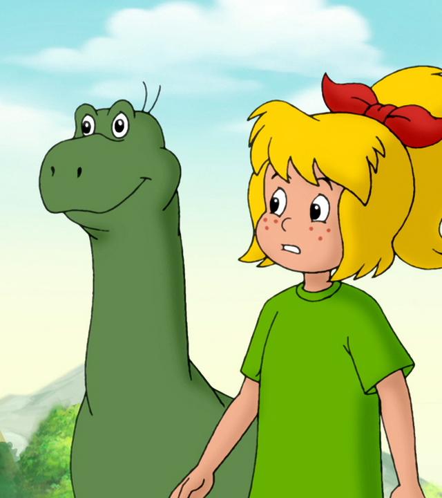 Florian, Bibi und ein grüner Dino schauen verwundert in die Ferne.