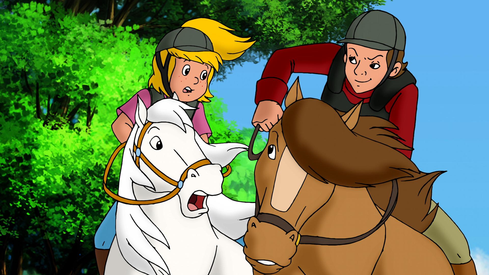 Bibi (links) und Adalbert (rechts) reiten gegeneinander.