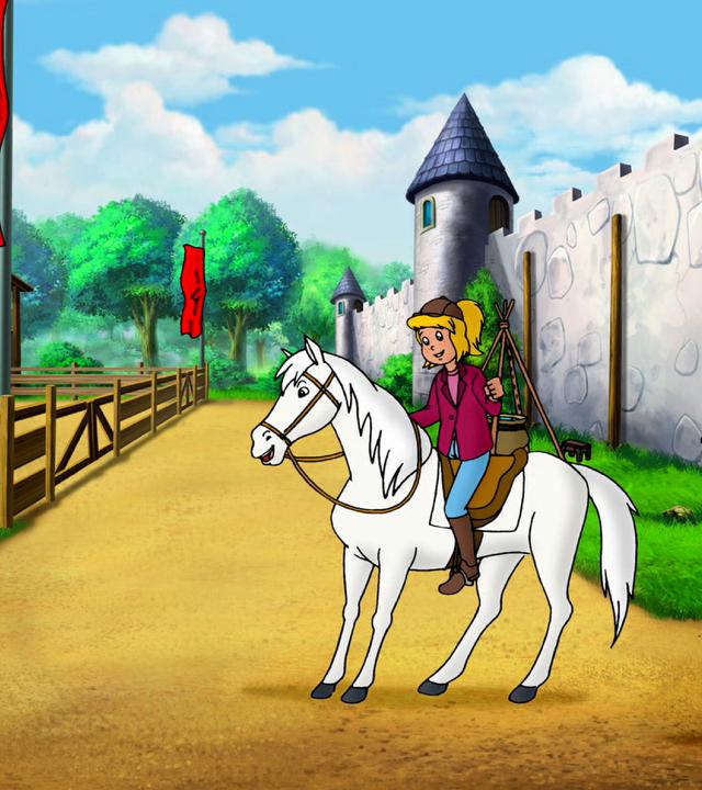 Bibi und Tina sind auf mit ihren Pferden auf Schloss Falkenstein und schauen das Gelände des Mittelalterfests an.