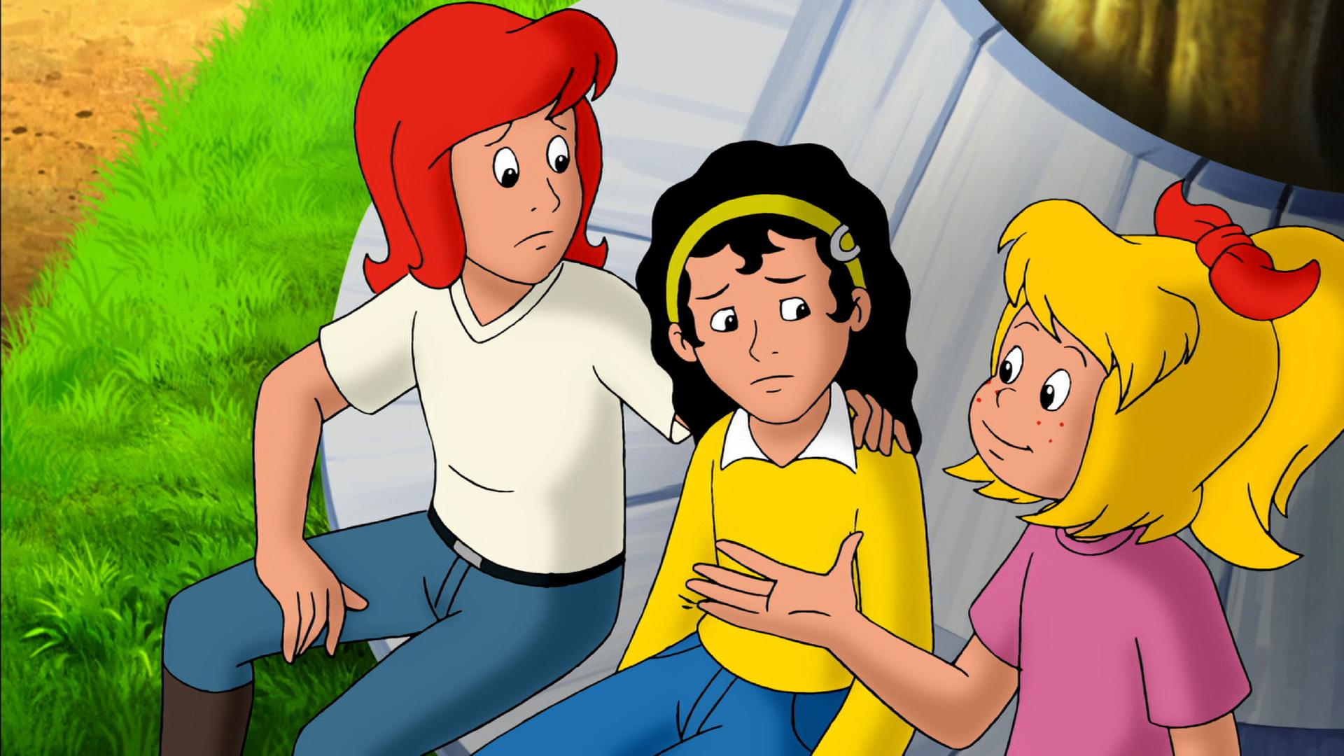 Bibi und Tina reden mit dem fremden Mädchen.