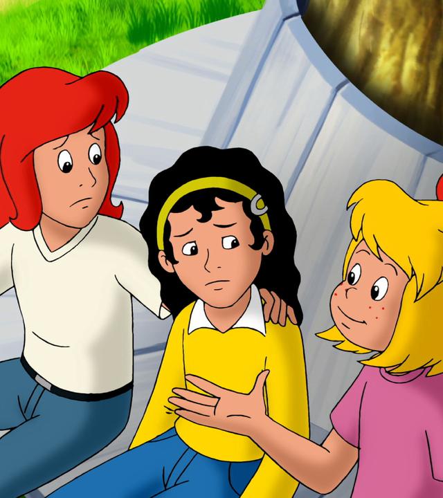 Bibi und Tina reden mit dem fremden Mädchen.