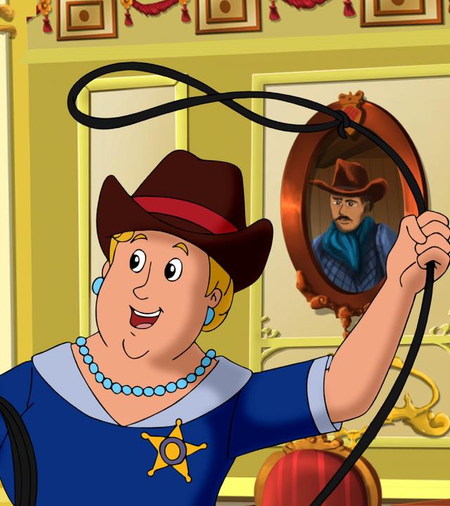 Die Fürstin spielt mit einem Lasso und holt zum Wurf aus.