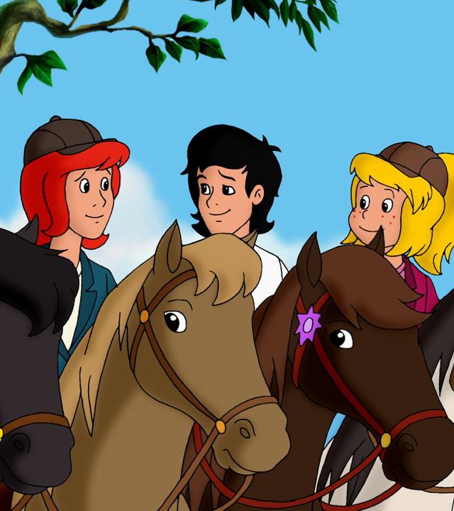 Bibi und ihre Freunde reiten auf ihren Pferden zusammen in einer Reihe beim Gestüt Szendrö.
