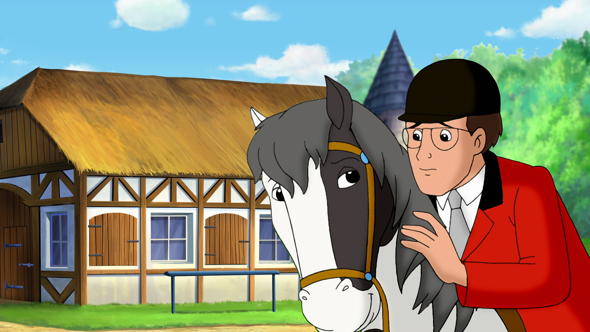 Bibis Papa Bernhard sitzt ängstlich auf einem Pferd.