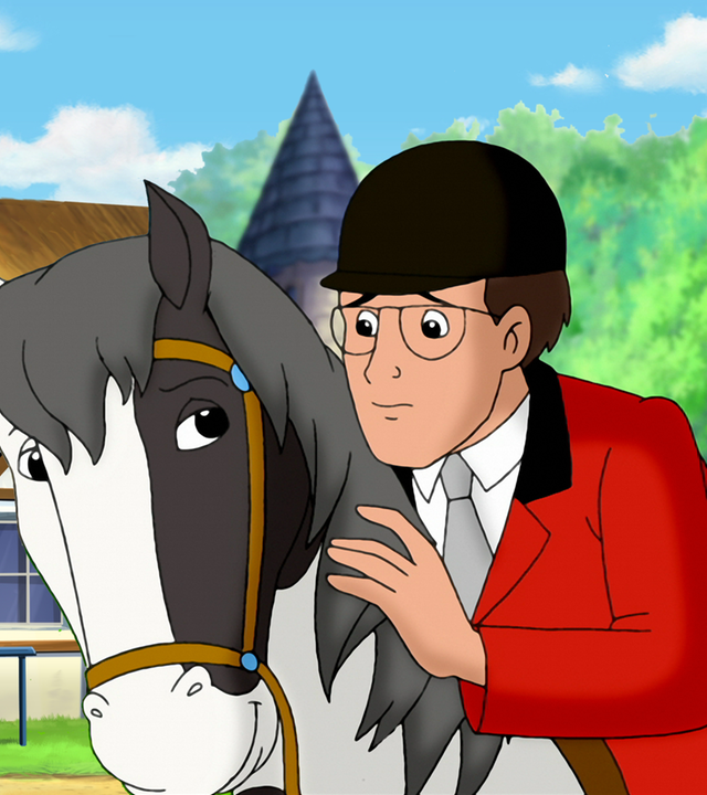 Bibis Papa Bernhard sitzt ängstlich auf einem Pferd.