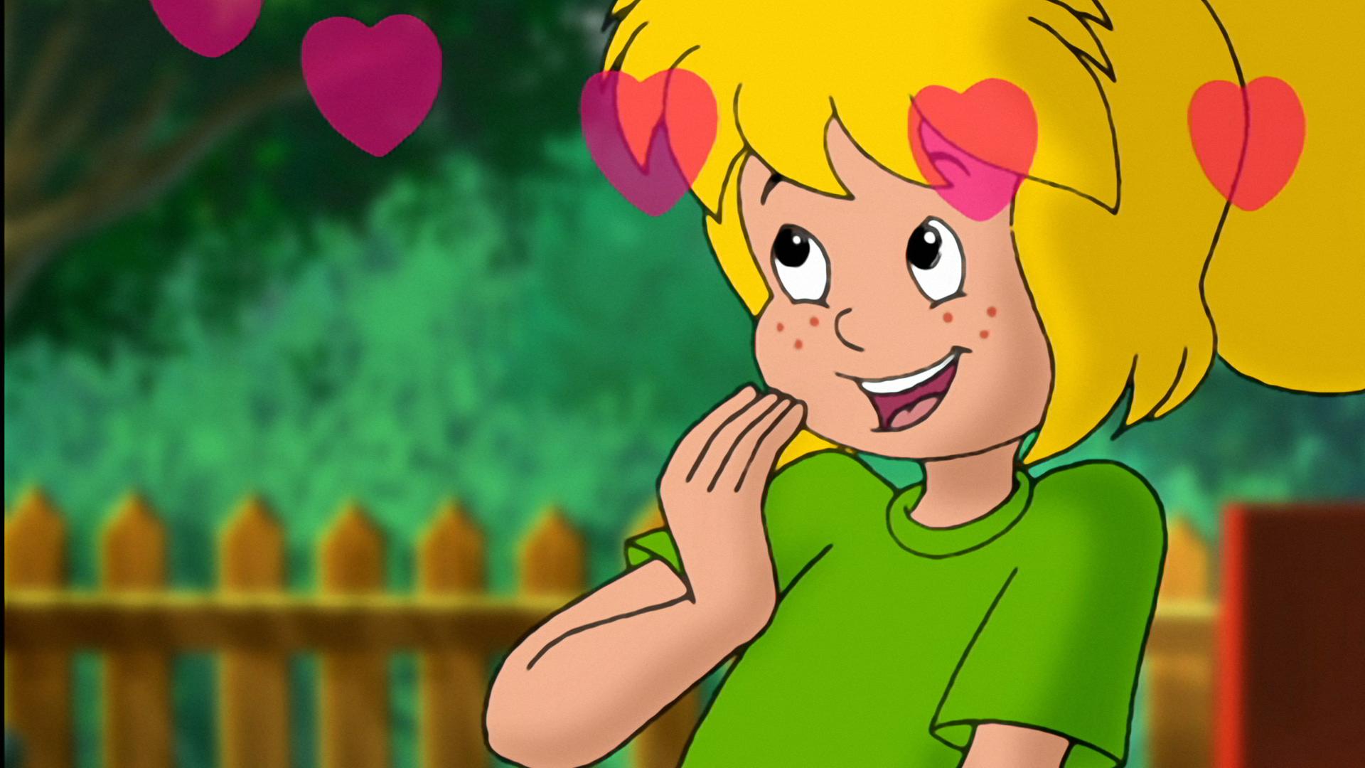 Bibi schaut verliebt drein. Um sie herum schweben Herzen.