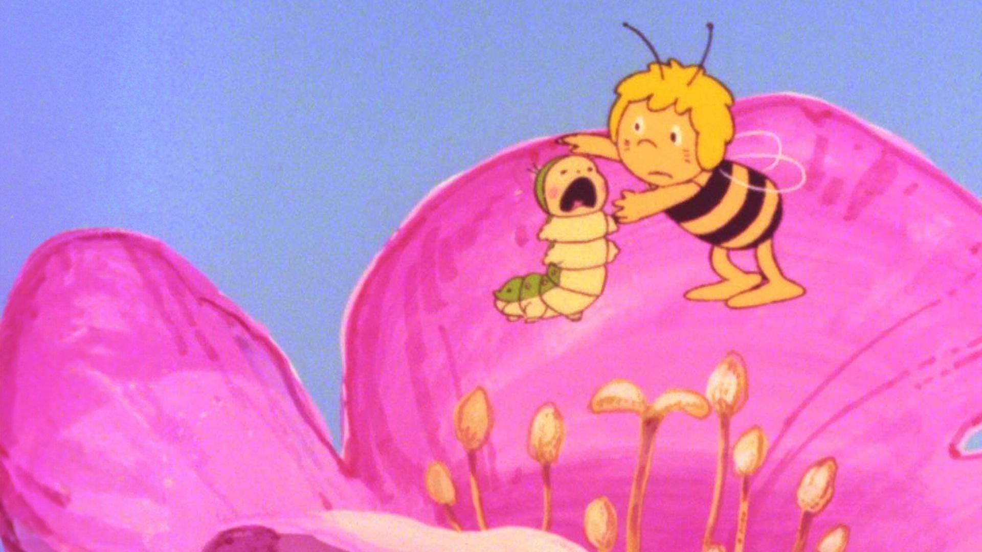 In einer großen, pinkfarbenen Blüte steht Bienenmädchen Maja und tröstet ein weinendes Raupenbaby.