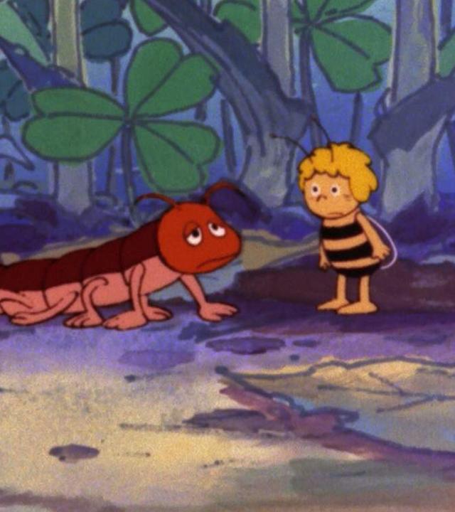 Bienenmädchen Maja und Tausendfüßler Hironimus stehen sich gegenüber. Der Tausendfüßler macht einen angeschlagenen Eindruck. Im Hintergrund wachsen Gräser, Klee und Blätter.