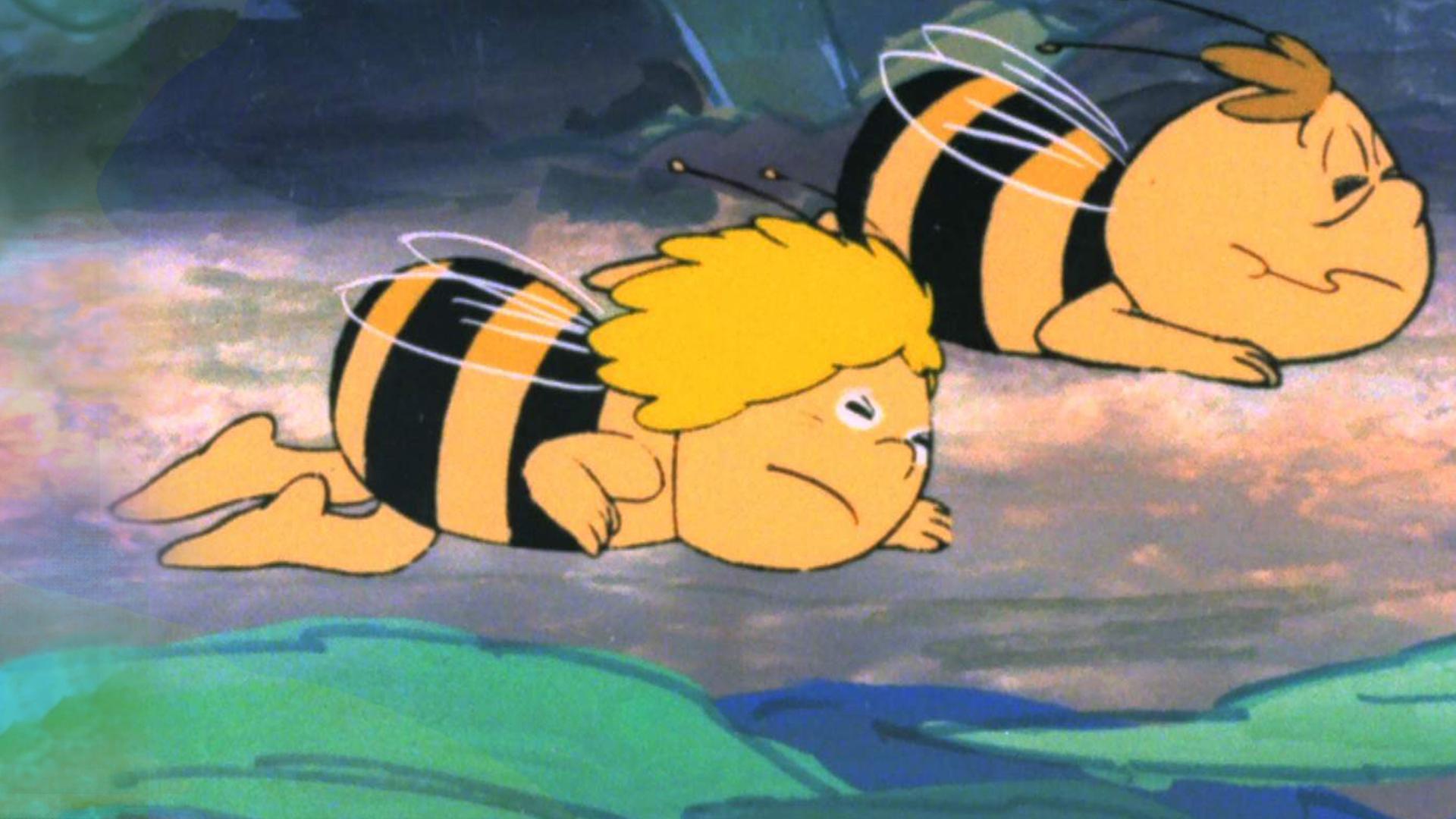 Die beiden Bienenkinder Maja und Willi haben sich flach auf den Boden gelegt und hoffen, dass der Wind sie nicht wegweht.