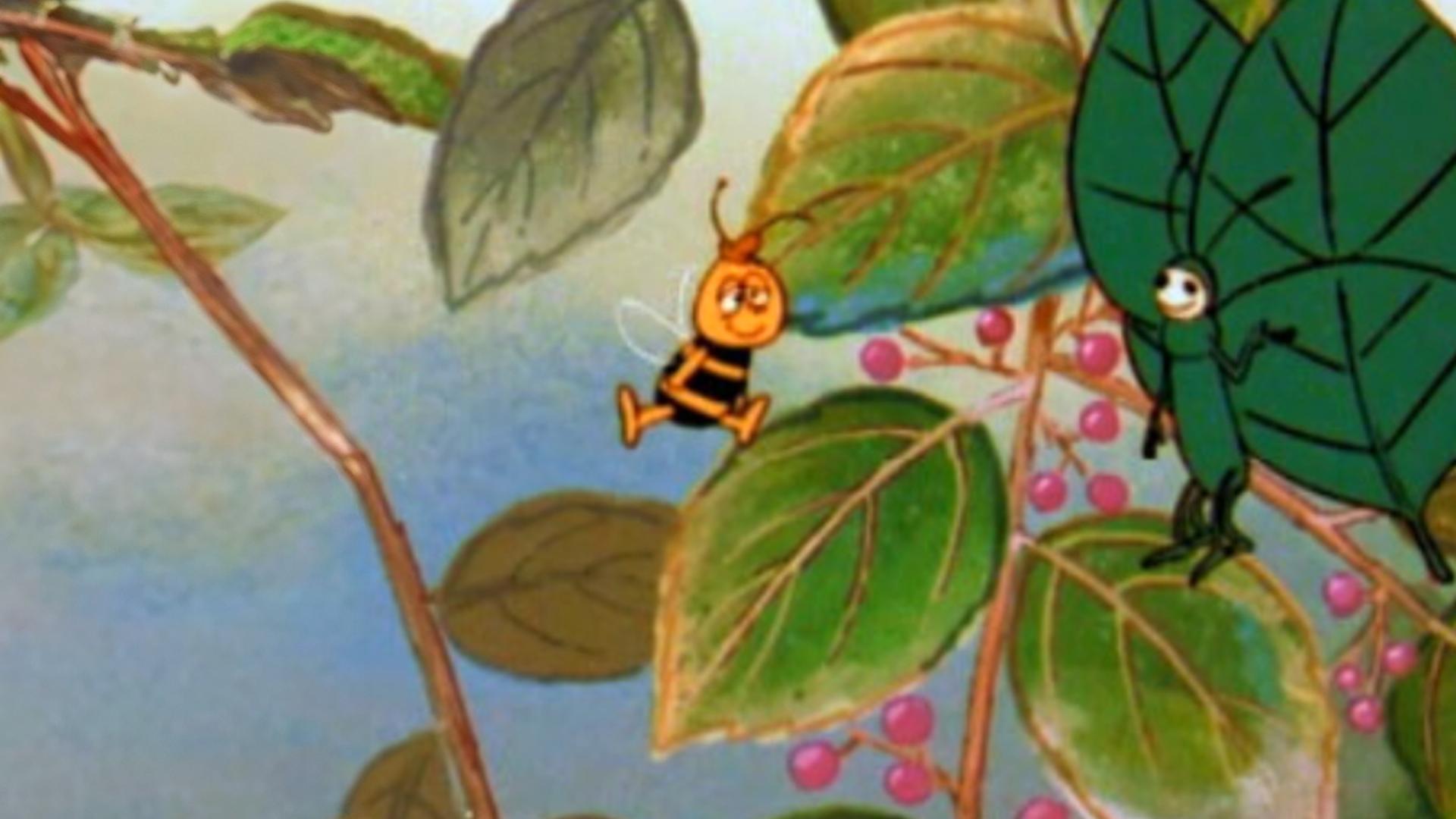 Willi fliegt und schaut verdutzt. Ihm gegenüber steht ein grüner Schmetterling auf einem Blatt und ist zwischen den anderen Blättern kaum zu erkennen.