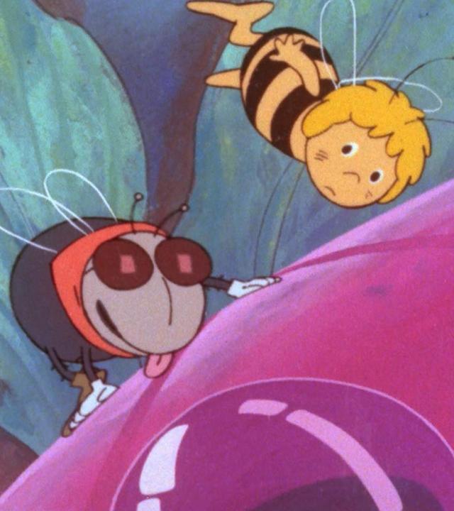 Auf einer roten Blüte sitzt Stubenfliege Puck mit Brille. Rechts über ihr fliegt Maja, das kleine Bienenmädchen.