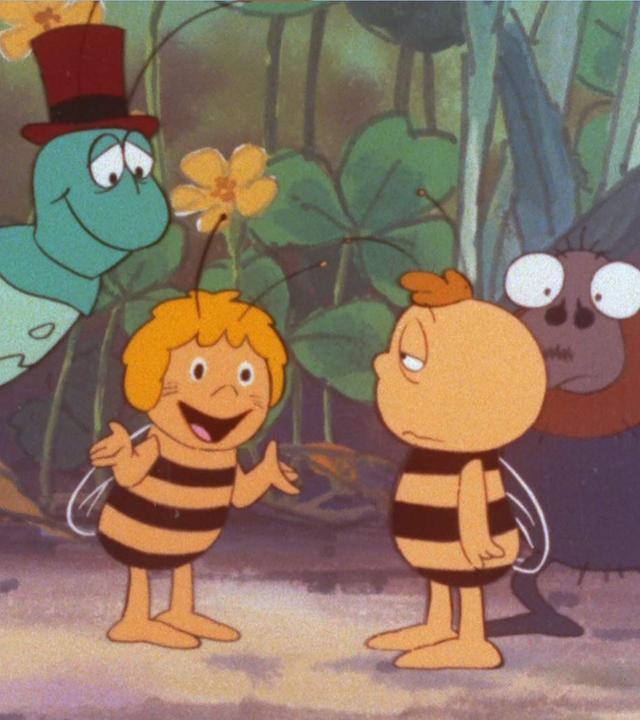 Heuschrecke Flip und Bienenmädchen Maja reden auf den Bienenjungen Willi ein. Im Hintergrund sieht Pferdefliege Johann dabei zu.