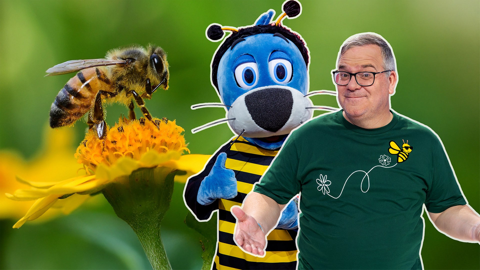 Piet Flosse im Bienenkostüm und Elton stehen vor einem großen Foto, das eine Biene auf einer Blüte zeigt. 