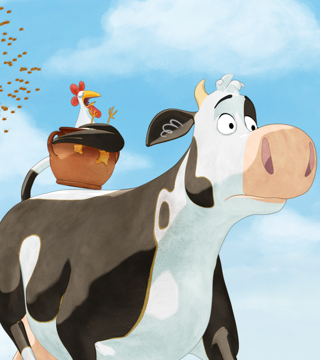 Lieselotte hat auf ihrem Rücken ein Huhn in einem Korb. Im Hintergrund schwirrt ein Bienenschwarm herum.