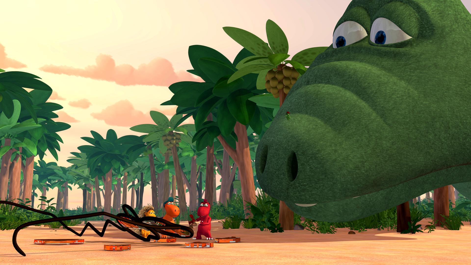 Big Bo starrt auf seine zertrampelte Brille. Mathilda, Oskar und Kokosnuss stehen im Hintergrund.