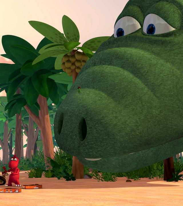 Big Bo starrt auf seine zertrampelte Brille. Mathilda, Oskar und Kokosnuss stehen im Hintergrund.