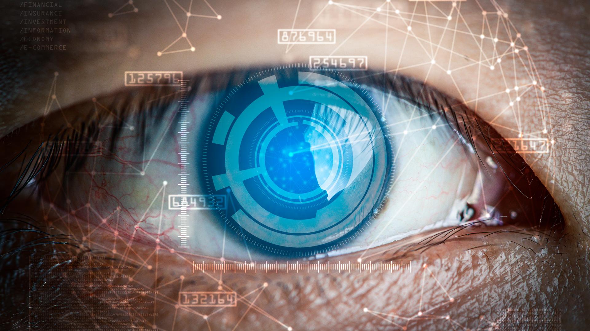 Ein Auge, dessen Pupille mit technischen Elementen gefüllt ist. 